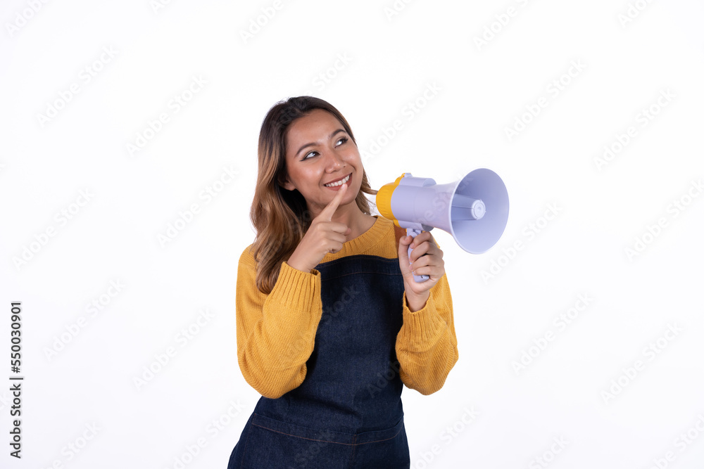 Beautiful attractive asian female woman coffee shop owner wear apron casual dress smile with confident and cheerful welcome isolate white background. Beautiful attractive asian female woman coffee shop owner wear apron casual dress smile with confident and cheerful welcome isolate white background.
