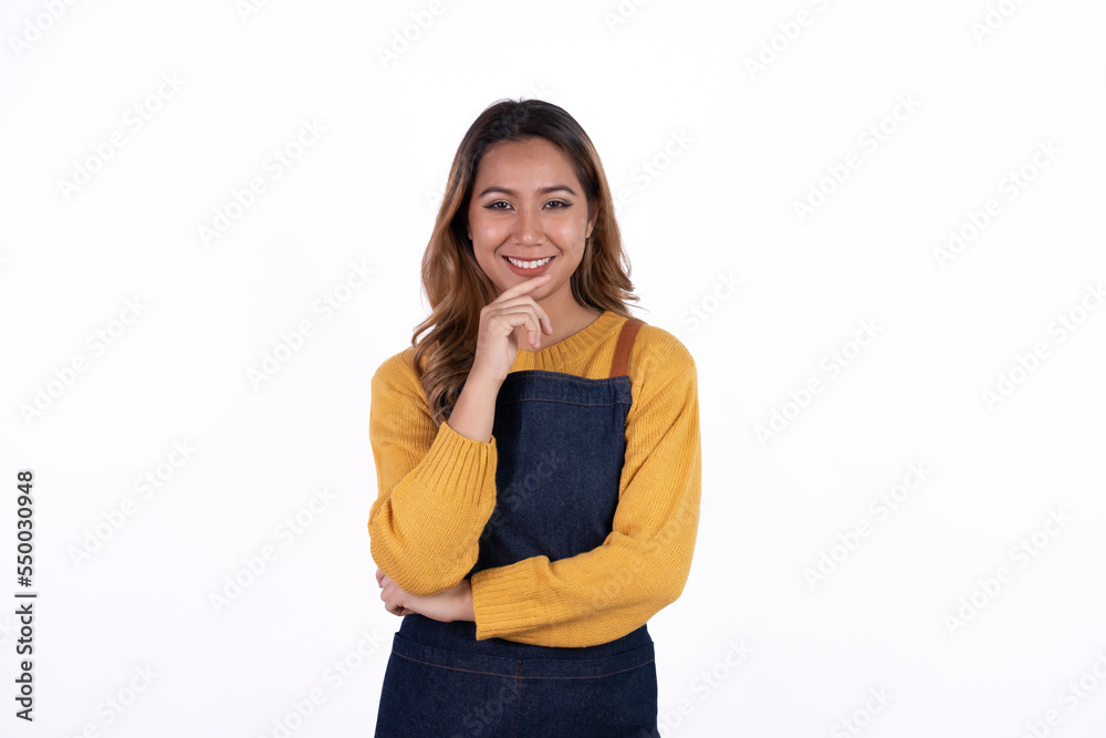 Beautiful attractive asian female woman coffee shop owner wear apron casual dress smile with confident and cheerful welcome isolate white background. Beautiful attractive asian female woman coffee shop owner wear apron casual dress smile with confident and cheerful welcome isolate white background.