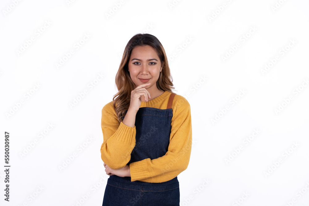 Beautiful attractive asian female woman coffee shop owner wear apron casual dress smile with confident and cheerful welcome isolate white background. Beautiful attractive asian female woman coffee shop owner wear apron casual dress smile with confident and cheerful welcome isolate white background.