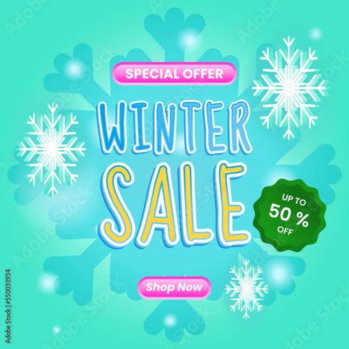 winter promotion poster design template. snow elemets, snowflakes, text. colorful, modern, simple, fun style. use for advert, ads, banner, flyer