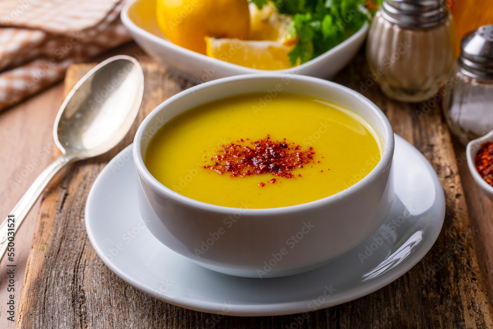 Traditional delicious Turkish foods; Red lentil soup (Turkish name; Mercimek corbasi)