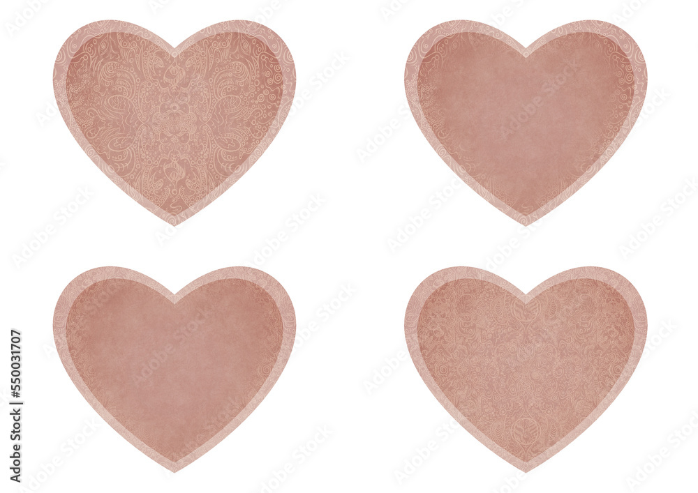 Set of 4 heart shaped valentine's cards. 2 with pattern, 2 with copy space. Pale pink background and light beige pattern on it. Cloth texture. Hearts size about 8x7 inch / 21x18 cm (p04ab)