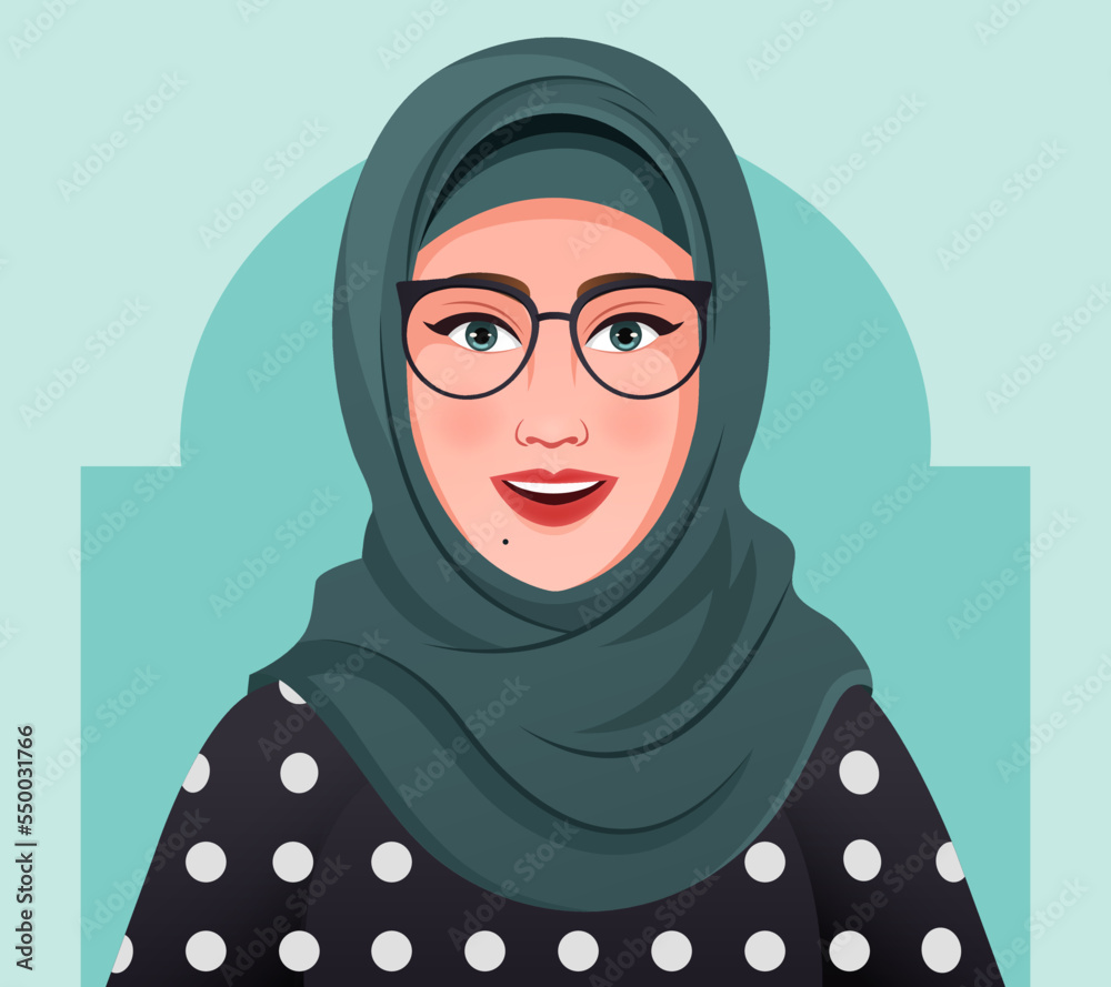 Portrait of an Arabian woman in hijab and glasses. Vector illustration