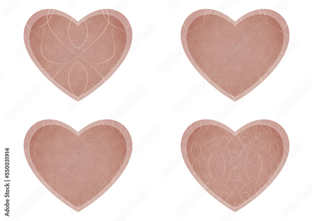 Set of 4 heart shaped valentine's cards. 2 with pattern, 2 with copy space. Pale pink background and light beige pattern on it. Cloth texture. Hearts size about 8x7 inch / 21x18 cm (p08-1ab) Set of 4 heart shaped valentine's cards. 2 with pattern, 2 with copy space. Pale pink background and light beige pattern on it. Cloth texture. Hearts size about 8x7 inch / 21x18 cm (p08-1ab)