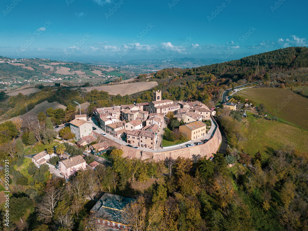 Italy, November 26, 2022: aerial view of the medieval village of Montefabbri in the province of Pesaro and Urbino in the Marche region