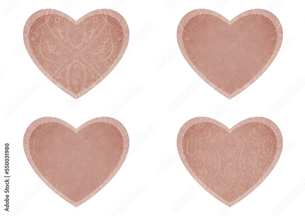 Set of 4 heart shaped valentine's cards. 2 with pattern, 2 with copy space. Pale pink background and light beige pattern on it. Cloth texture. Hearts size about 8x7 inch / 21x18 cm (p08-2ab)