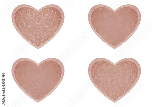 Set of 4 heart shaped valentine s cards. 2 with pattern  2 with copy space. Pale pink background and light beige pattern on it. Cloth texture. Hearts size about 8x7 inch   21x18 cm  p08-2ab 