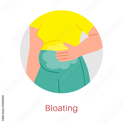Woman with bloating symptom of gastritis vector illustration. Info graphic of digestive system disease isolated on white background