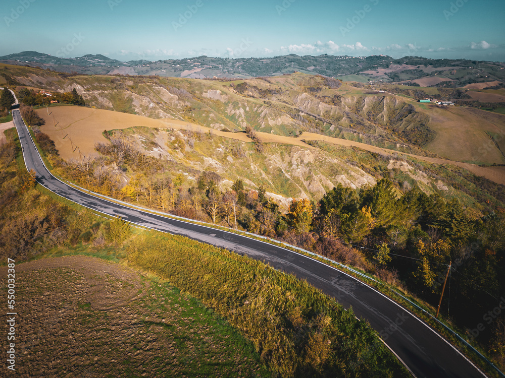 Italy, November 26, 2022: aerial view of the village of Montecalvo in Foglia in the province of Pesaro and Urbino in the Marche region