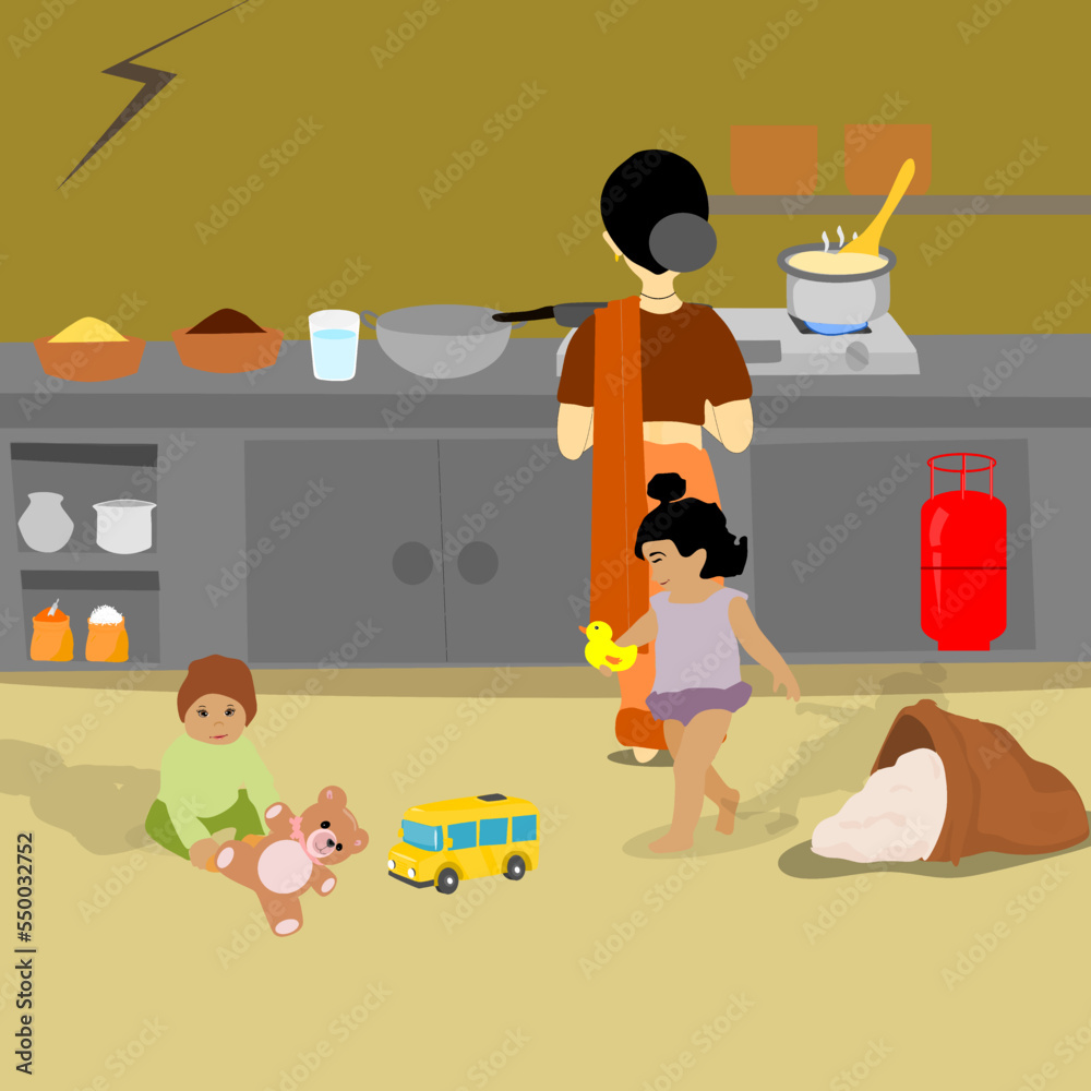 Vector of Indian Mother preparing the meal during the time her kids playing at kitchen. Vector of Indian Mother preparing the meal during the time her kids playing at kitchen.