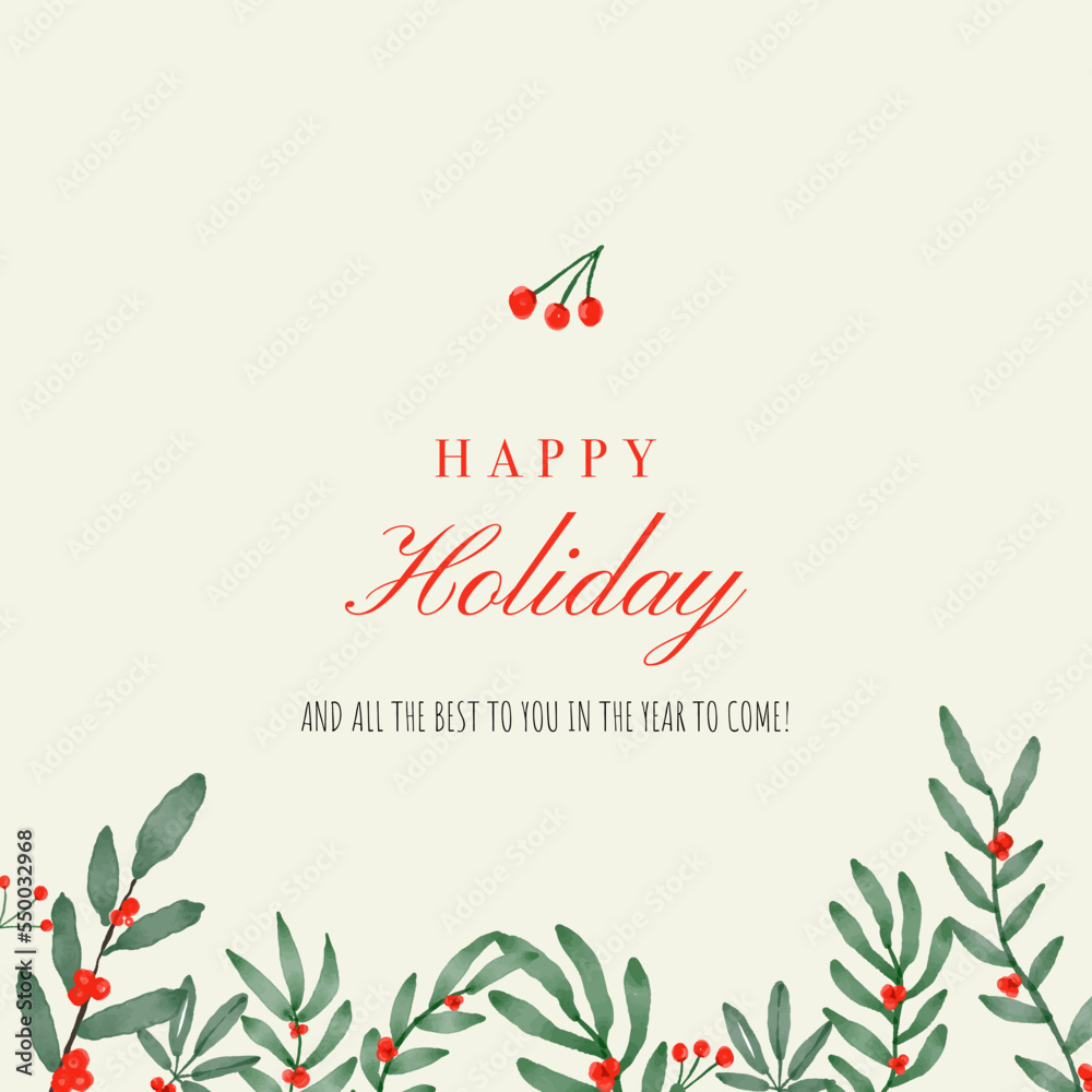 Obraz premium Christmas nature design greeting cards template, circle frame, text Hello Winter, Warm Wishes, Merry Holidays, white background. Green pine, fir twigs, cones, red berries. Vector xmas illustration