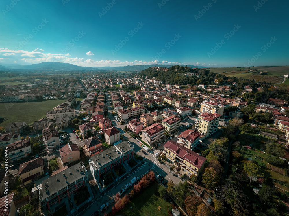 Italy, November 26, 2022: aerial view of the medieval village of Tavoleto in the province of Pesaro and Urbino in the Marche region