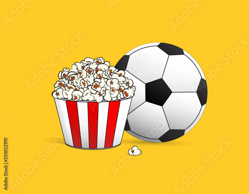 Popcorn and football vector illustration on yellow background. Popcorn is a delicious snack that you enjoy while watching movies.
