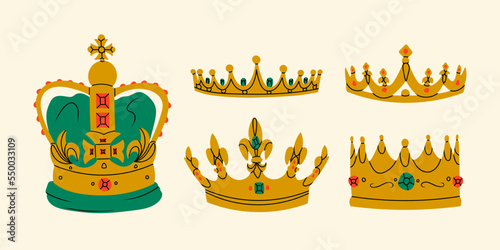 Set of golden Crowns. Jewel headdress. Symbol of princess, king, prince and queen. Royal, aristocratic, coronation, monarchy concept. Hand drawn trendy Vector illustration. Isolated elements