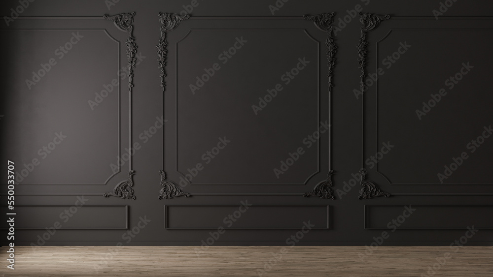 Black wall with classic style mouldings and wooden floor, empty room interior, 3d render Black wall with classic style mouldings and wooden floor, empty room interior, 3d render
