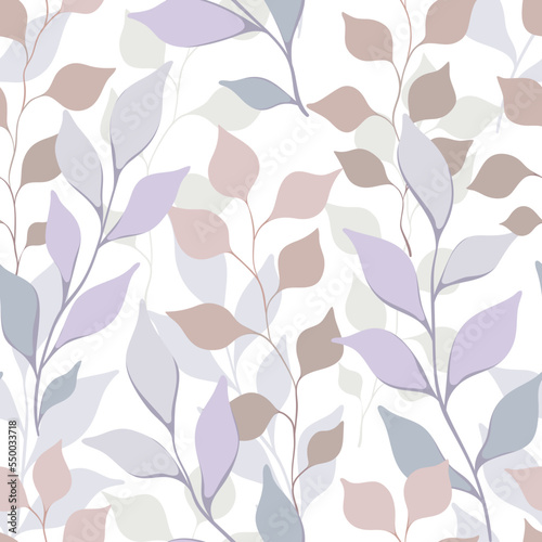 Seamless pattern  gentle botanical print with leaves. Elegant surface design with hand drawn foliage  forest herbs on white background. Botanical design in cool colors. Vector illustration.