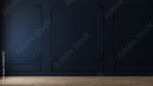 Dark blue wall with classic style mouldings and wooden floor, empty room interior, 3d render 