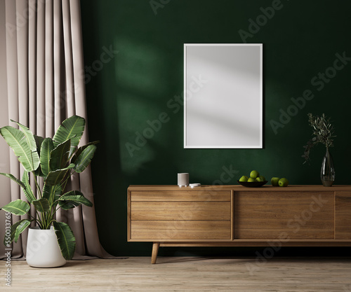 blank poster frame mock up on green wall with sunlight, modern room interior with wooden furniture, curtain and plant in pot, 3d render