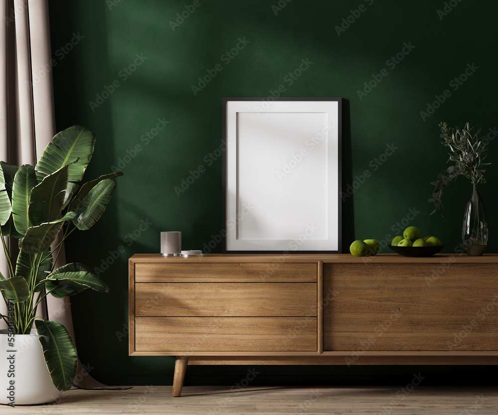 Empty poster frame mock up with mat on dresser in modern room interior with green wall with sunlight, curtain and green plant, 3d rendering Empty poster frame mock up with mat on dresser in modern room interior with green wall with sunlight, curtain and green plant, 3d rendering