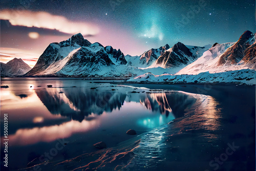 Aurora borealis over the sea, snowy mountains and city lights at night