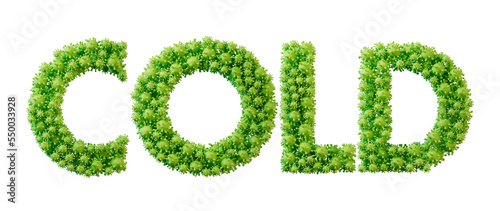 Cold word made from green bacteria cell molecule font. Health and wellbeing. 3D Rendering