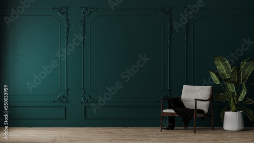 Room with armchair and green plant in pot with emerald color wall with classic style mouldings and wooden floor, 3d render 