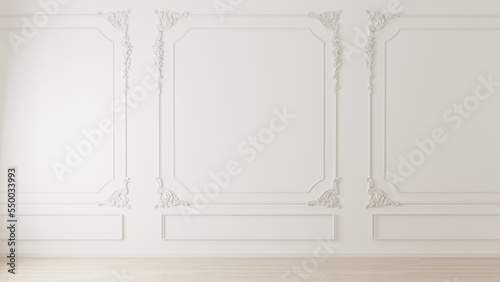 Fotografia White wall with classic style mouldings and wooden floor, empty room interior, 3