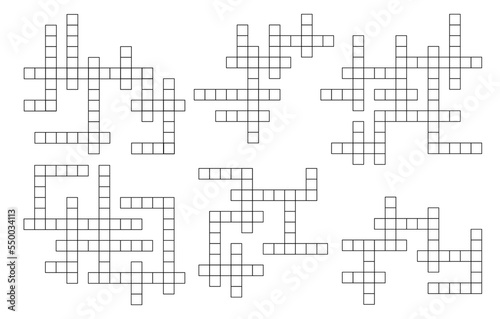 Crossword grid. Wordsearch quiz or riddle, vocabulary puzzle cross grids vector templates. Crossword game, IQ test and word search intelligence playing activity