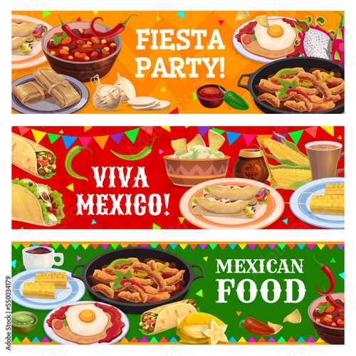 Mexican cuisine meals, drinks, fruits and snacks. Fiesta party and Mexico food festival, Tex Mex meals vector banner with corn, tacos and burrito, guacamole, nachos, jalapeno, enchiladas and bean stew