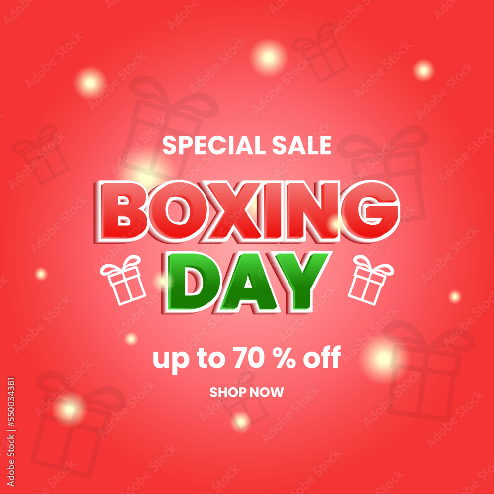 sale promotion design template for boxing day. 3d text, giftbox, red background concept. simpel, minamal, coloeful, modern style. white, red, green. use for banner, advert, ads