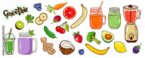 Healthy smoothie sticker set banner.  Useful  food stickers for printing, hand drawing. Ingredients for smoothie berries, citrus, banana, cucumber, greens, citrus