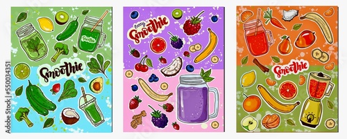 Healthy smoothie food set of three sticker illustrations. Smoothie orange, smoothie berry, smoothie green stikers, hand drawn. photo