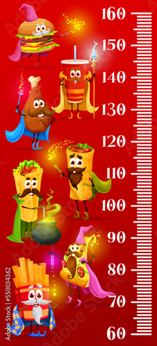 Kids height chart, cartoon fast food mage and wizard characters, vector growth meter. Baby tall size measure ruler with cheeseburger mage, pizza, fries warlock and burrito sorcerer with magic wand