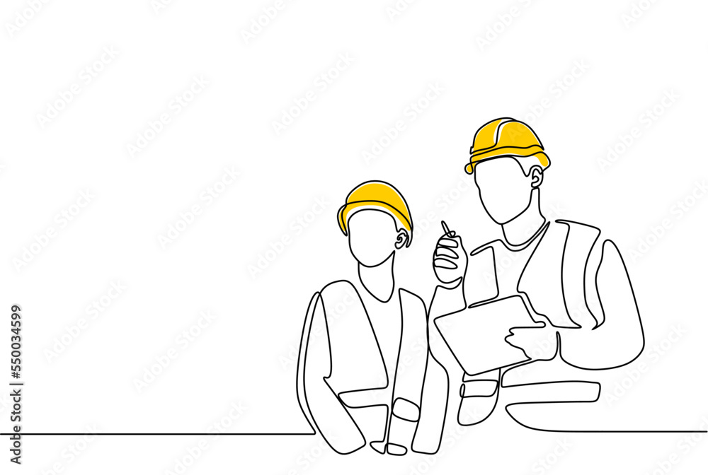 Single continuous line drawing of young construction manager giving instruction to builder coordinator at site meeting. Building architecture business concept. One line draw design vector