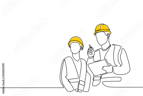 Single continuous line drawing of young construction manager giving instruction to builder coordinator at site meeting. Building architecture business concept. One line draw design vector photo