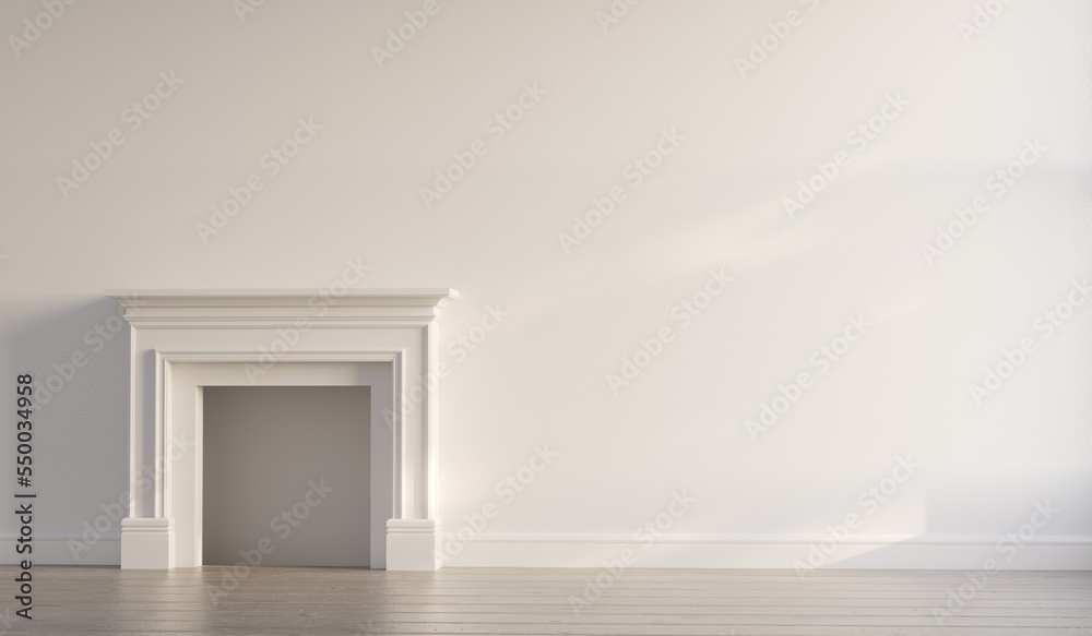 Large traditional fireplace without a fire. Blank walls. Empty mantle ...