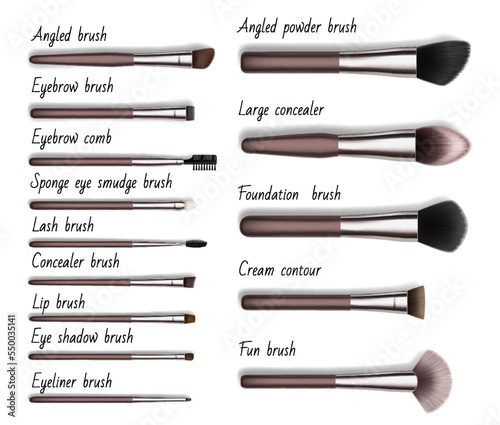 Makeup cosmetic brushesn isolated realistic mockups. Angled, eyebrow and concealer, foundation, eyeliner and lip 3d vector brushes, woman make-up professional tools or beauty accessories mockups set