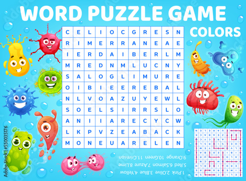 Cartoon viruses, microbes and germs, word search puzzle game worksheet, vector kids quiz grid. Word search game to find words with colors of viruses, bacteria and infection pathogens