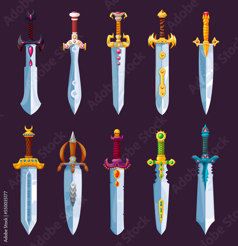 Magical swords, steel blades, rapier and glaive, sabre or broadsword, fairytale weapons RPG game inventory item UI vector asset. Ancient dagger or magic stiletto with precious stones in golden handle