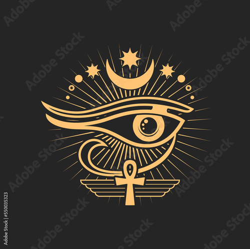 Egyptian cross and moon, magic talisman with Horus eye occult symbol. God Ra eye spiritual amulet, vector alchemy magic esoteric sign