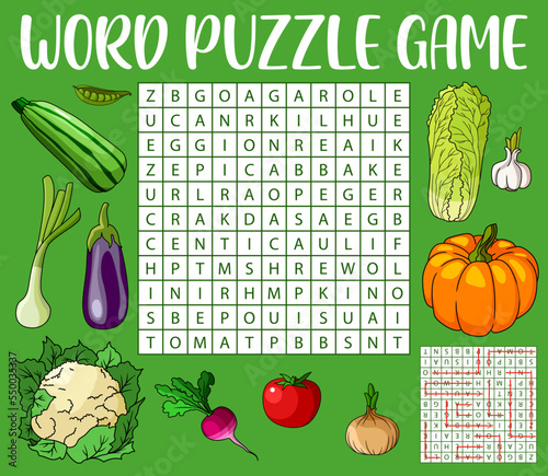 Farm vegetables, word search puzzle game worksheet, kids quiz grid, vector riddle. Search word game grid with cauliflower, cabbage and pumpkin with tomato, eggplant and garlic or leek