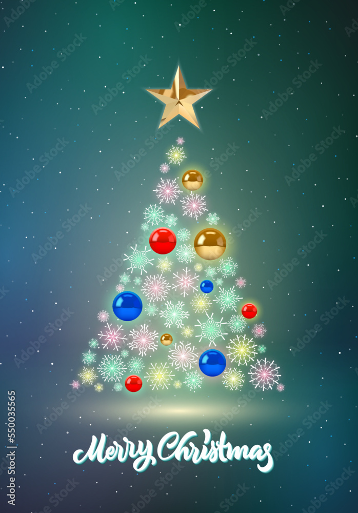 Christmas tree card with snowflakes and baubles. Christmas tree with golden star and balls. Greeting poster for winter holidays. Christmas tree card with snowflakes and baubles. Christmas tree with golden star and balls. Greeting poster for winter holidays.