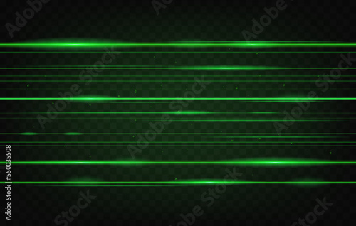 Green laser beams background, neon light rays and glow lines on black, vector light flash effect. Green laser beams and light rays, digital energy sparkles and galaxy shine on transparent background