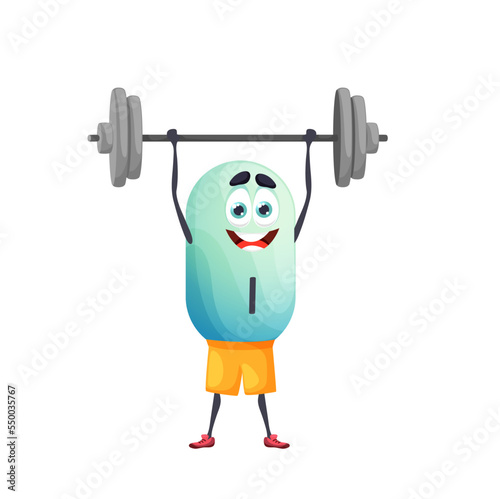 Cartoon iodine athlete character with barbell. Isolated vector funny I capsule personage bodybuilding sport workout. Vitamin athlete exercises with weight in gym. Strong nutrient blue bubble sportsman