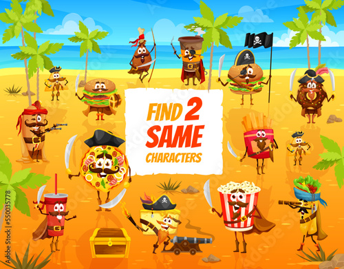 Find two same cartoon pirates fastfood characters on treasure island. Kids game, quiz or vector riddle with hotdog, hamburger and pizza, chicken leg, french fries and donut, popcorn cute personages