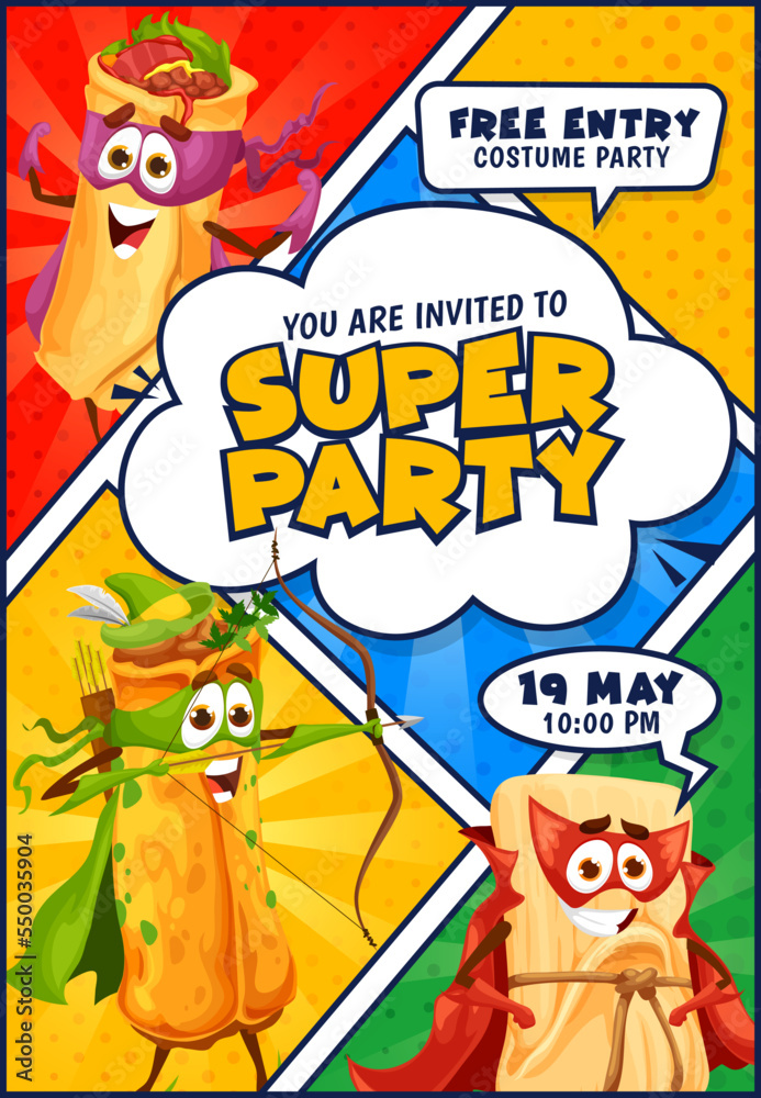 Superhero party flyer cartoon mexican food characters. Vector ...