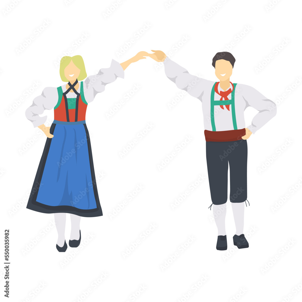 Symbol of Austria vector illustration. Austrian couple of dancers in national costumes isolated on white background. Culture, traveling concept Symbol of Austria vector illustration. Austrian couple of dancers in national costumes isolated on white background. Culture, traveling concept
