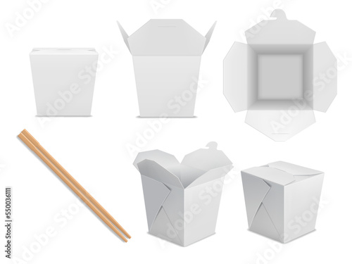 Asian noodle box package mockup. Chinese takeaway fast food box with chopsticks, asian WOK noodle paper packaging realistic mockup, Japanese restaurant meal cardboard 3d vector container