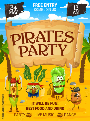 Pirates party flyer, cartoon vegetable pirates and corsairs characters, vector poster. Kids party flyer with funny Caribbean pirate cabbage, corn corsair and potato captain for entertainment event