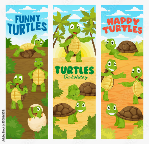 Cartoon turtles. Cute tortoise animal characters vertical vector banners. Kids background with cheerful baby turtle  sleeping  dancing and eating newborn tortoise personage
